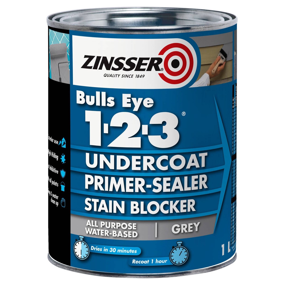 Zinsser Bulls Eye 1-2-3 Primer Undercoat Sealer Stain Blocker Grey 1L