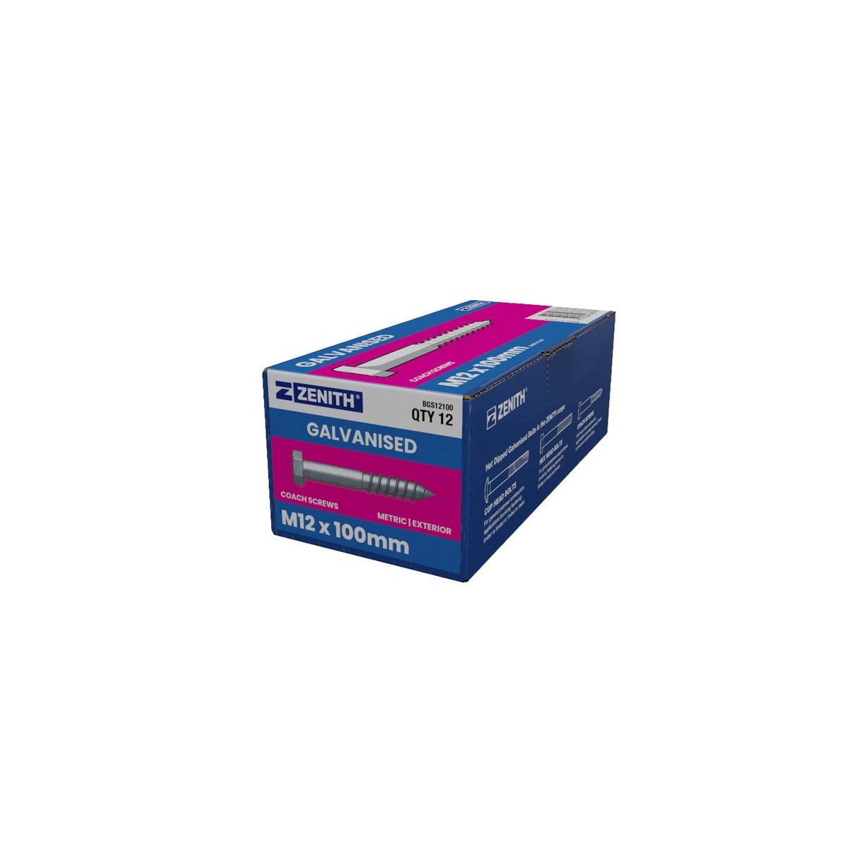 Zenith M12 x 100mm Hot Dip Galvanised Hex Head Coach Screws - 4.6 Grade Steel, 12 Pack