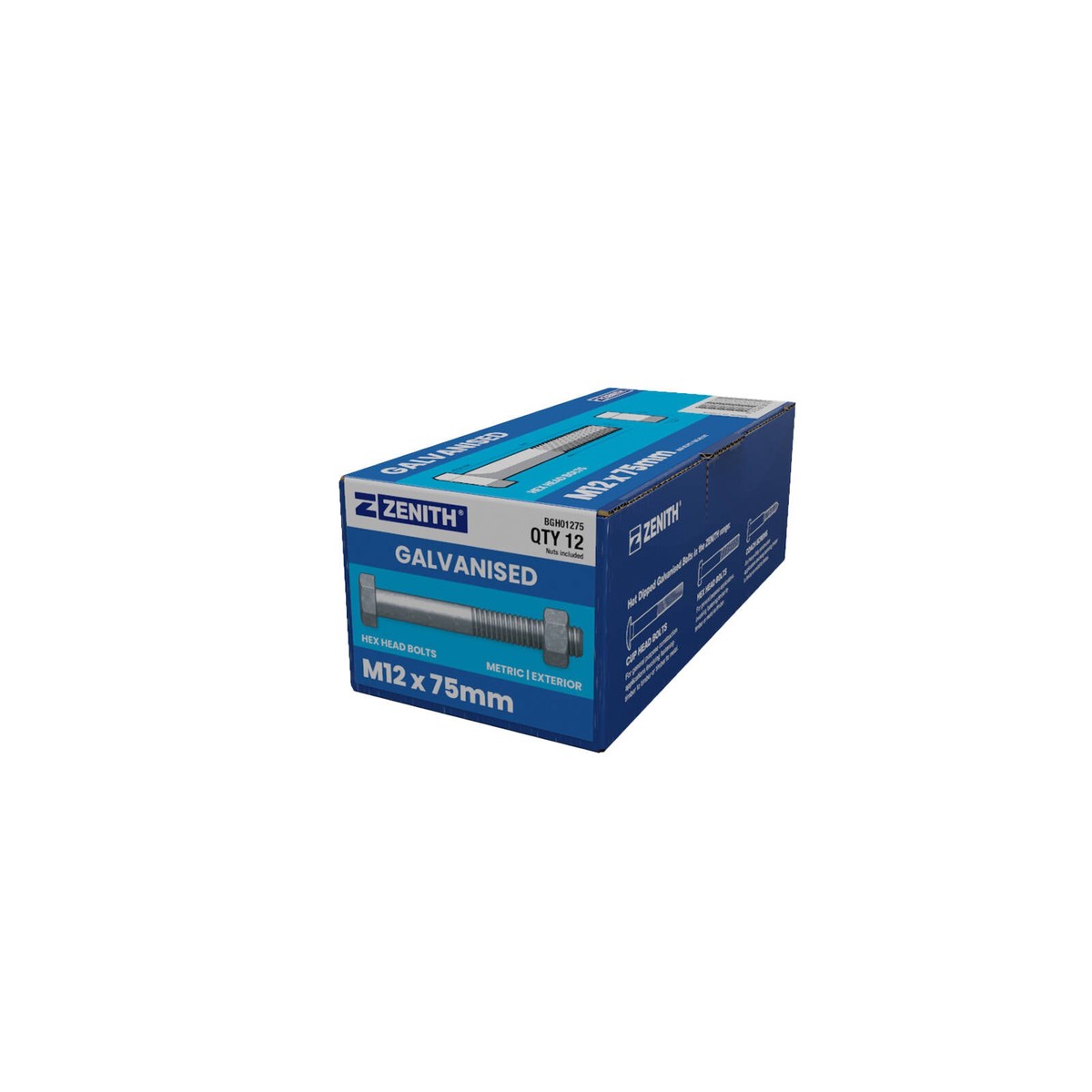 ZENITH M12 x 75mm Hot Dip Galvanised 4.6 Grade Hex Head Bolts and Nuts - 12 Pack