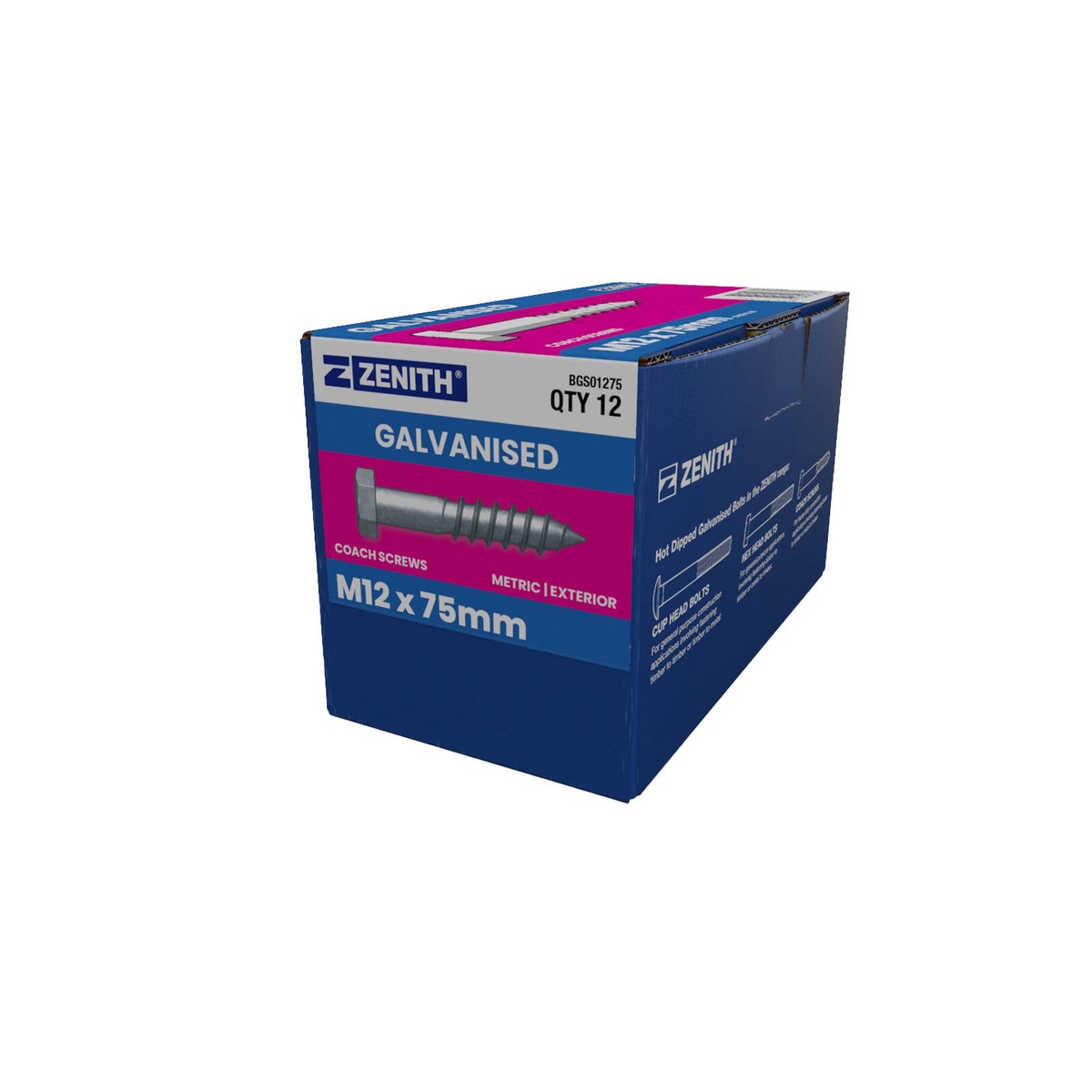 Zenith M12 x 75mm Hot Dip Galvanised Hex Head Coach Screws - 4.6 Grade Steel, 12 Pack