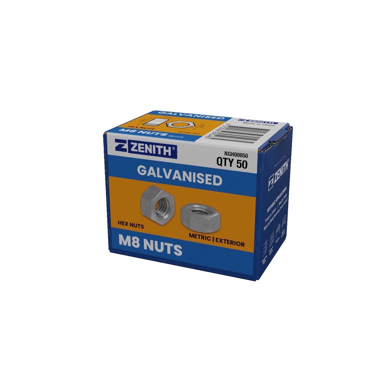 Zenith M8 Hot Dip Galvanised Hex Nuts - 50 Pack