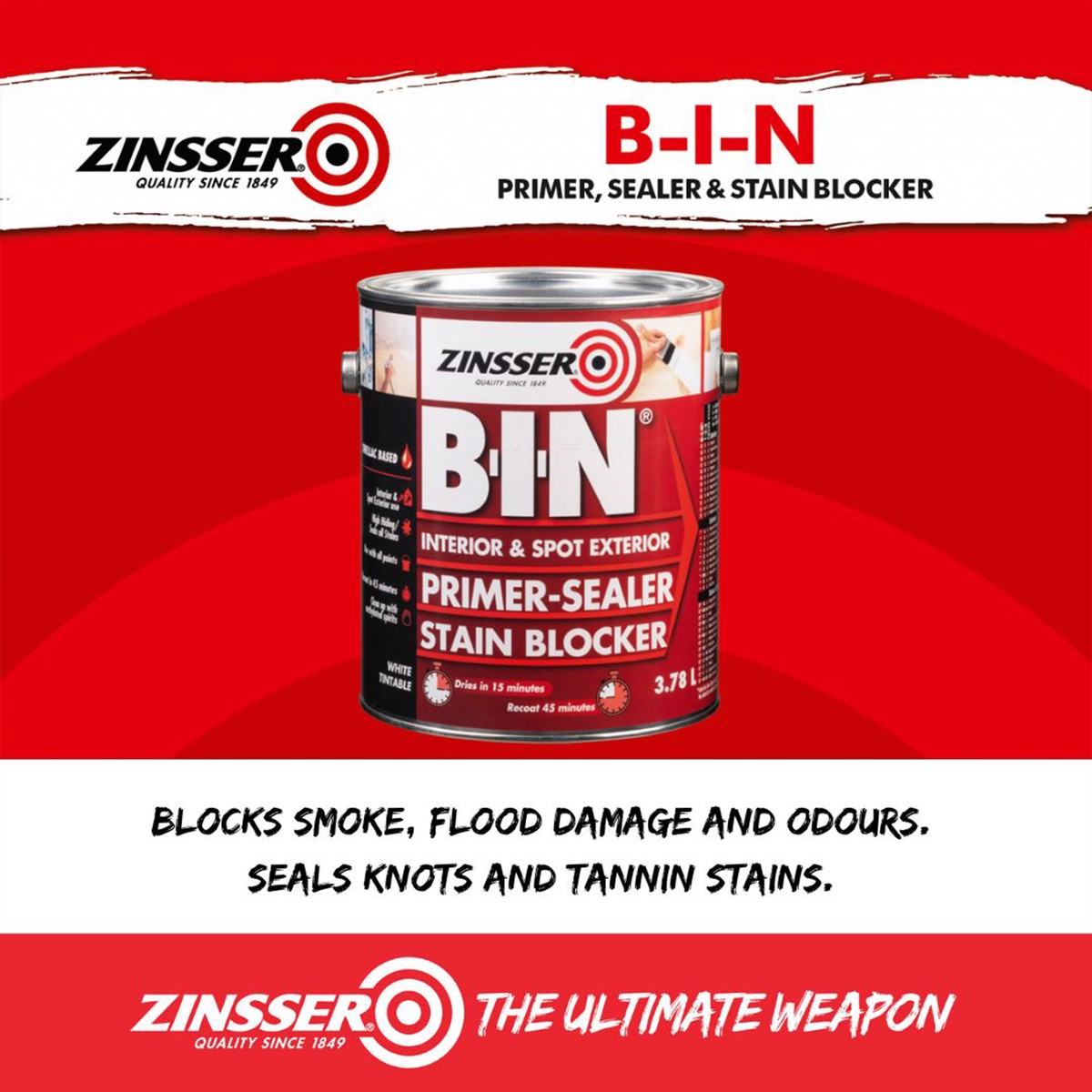 Zinsser B-I-N 3.78L White Shellac-Based Primer Sealer Stain Blocker Interior Tintable