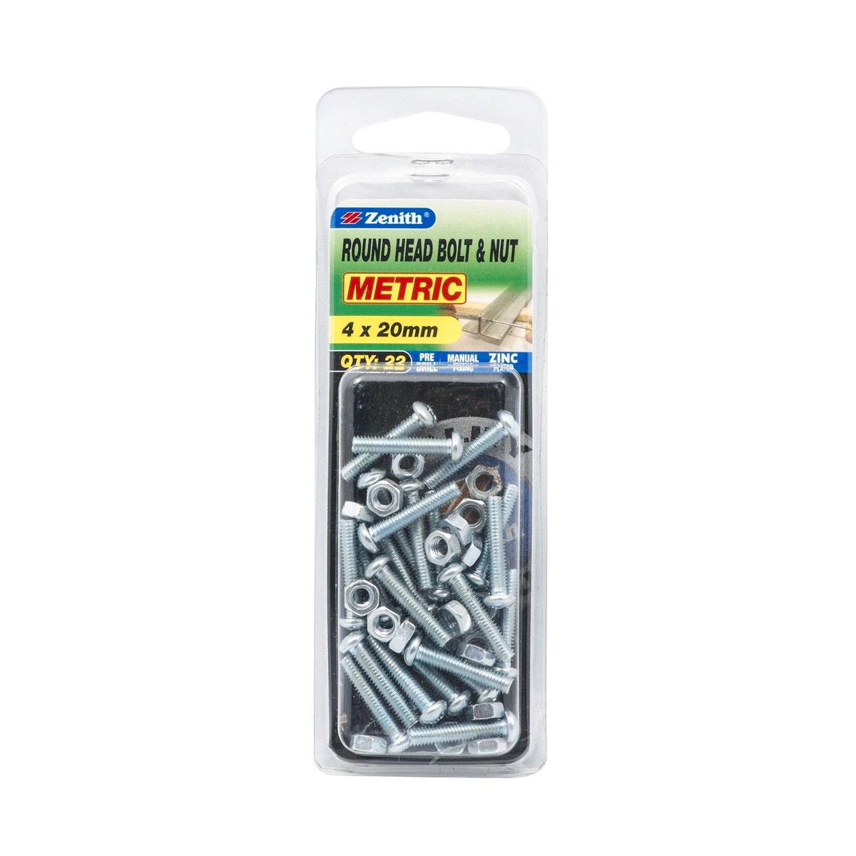 Zenith M4 x 20mm Zinc Plated Steel Round Head Bolt and Nut - 22 Pack