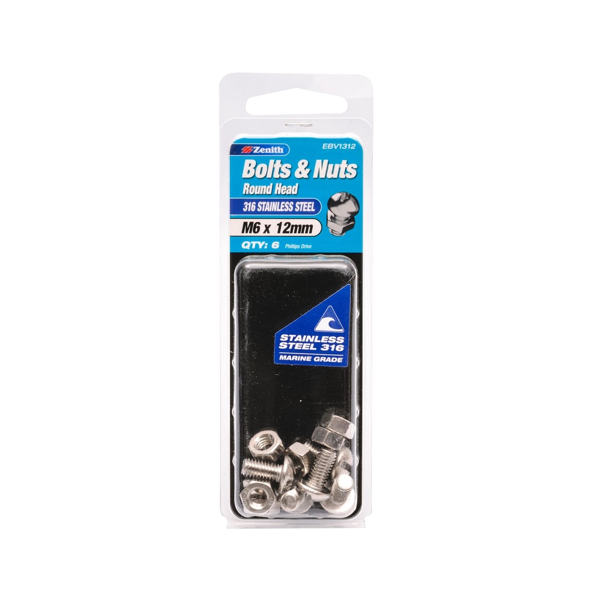 Zenith M6 x 12mm 316 Stainless Steel Round Head Bolt and Nut 6 Pack