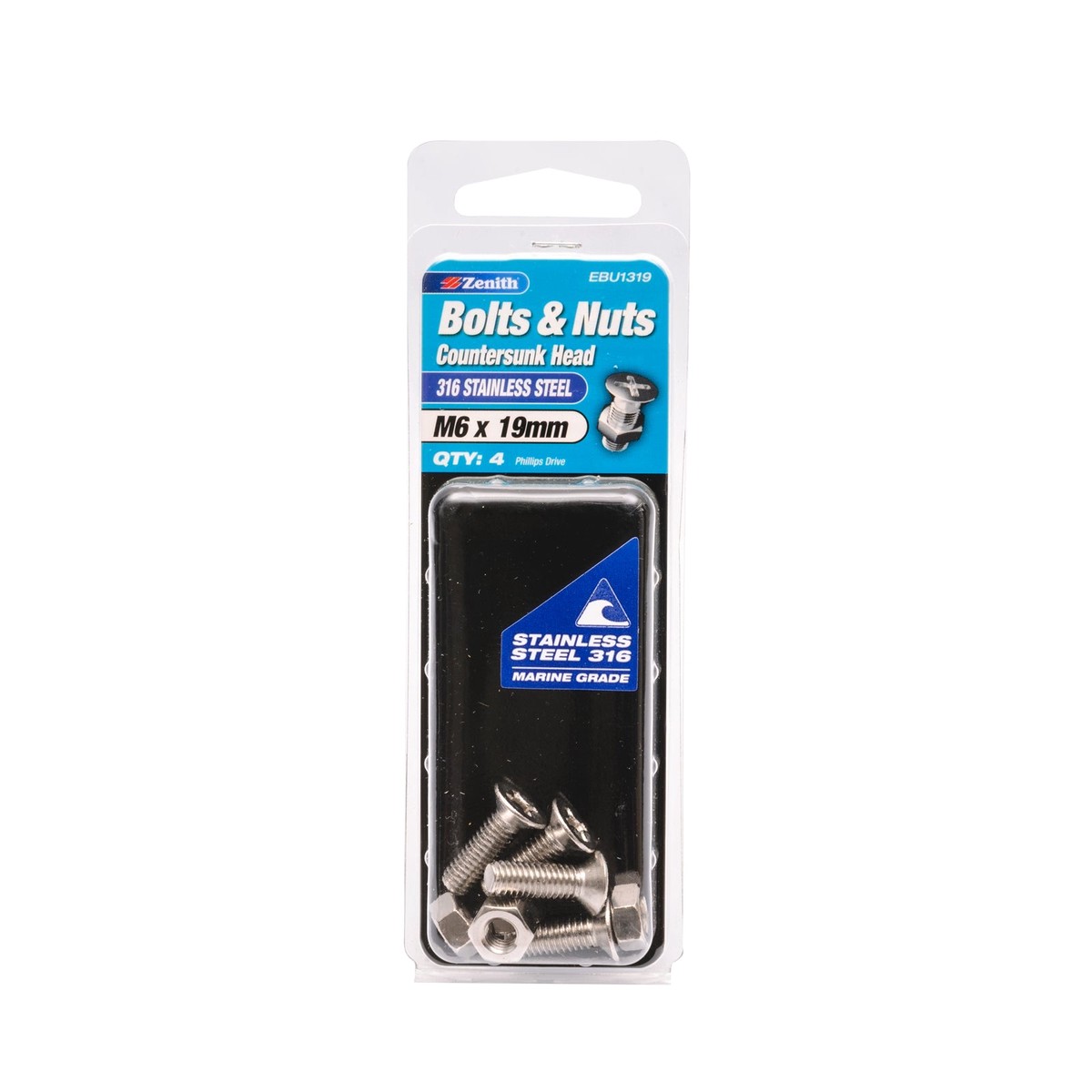 Zenith M6 x 19mm 316 Stainless Steel Countersunk Head Bolt and Nut 4 Pack