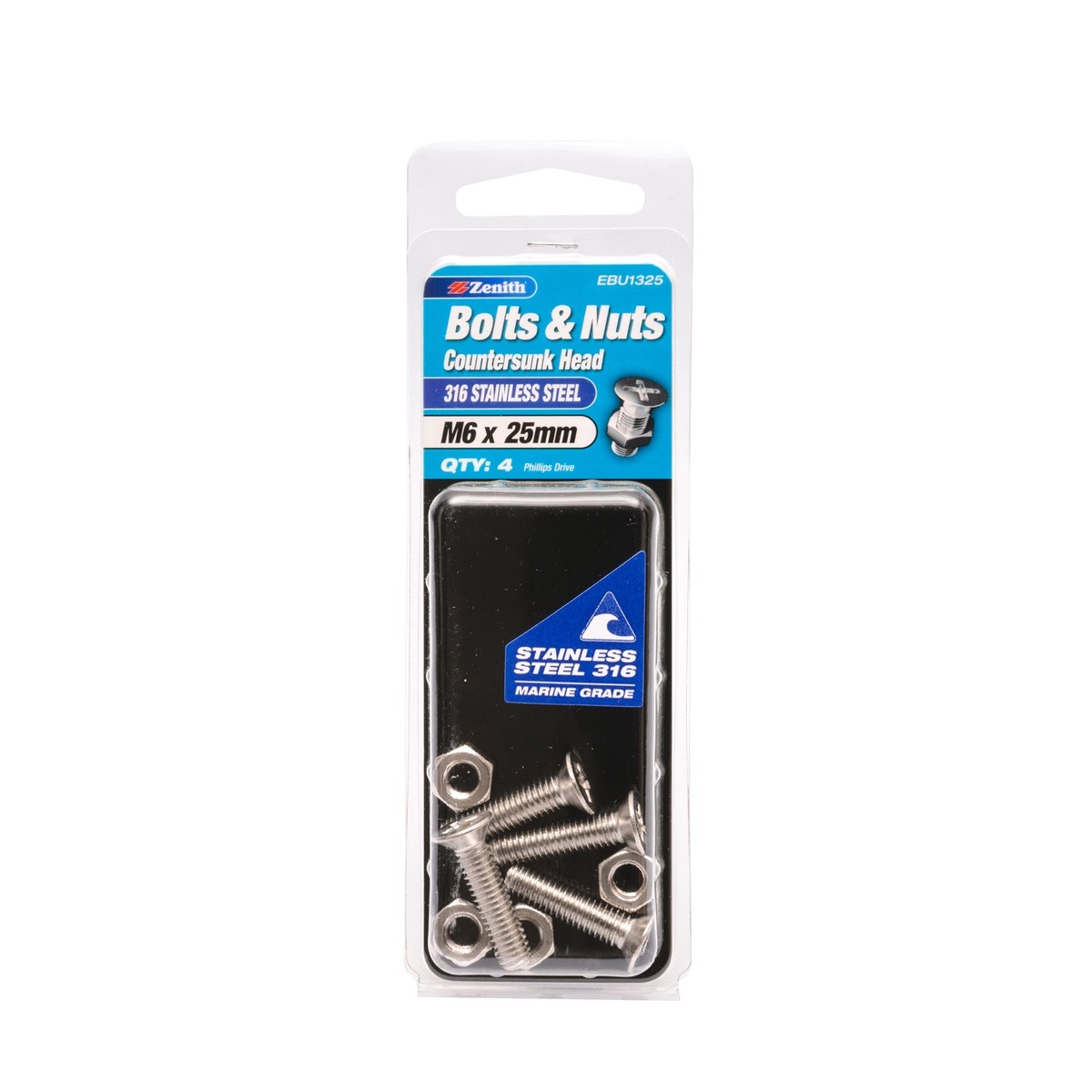 Zenith M6 x 25mm 316 Stainless Steel Countersunk Head Bolt and Nut 4 Pack