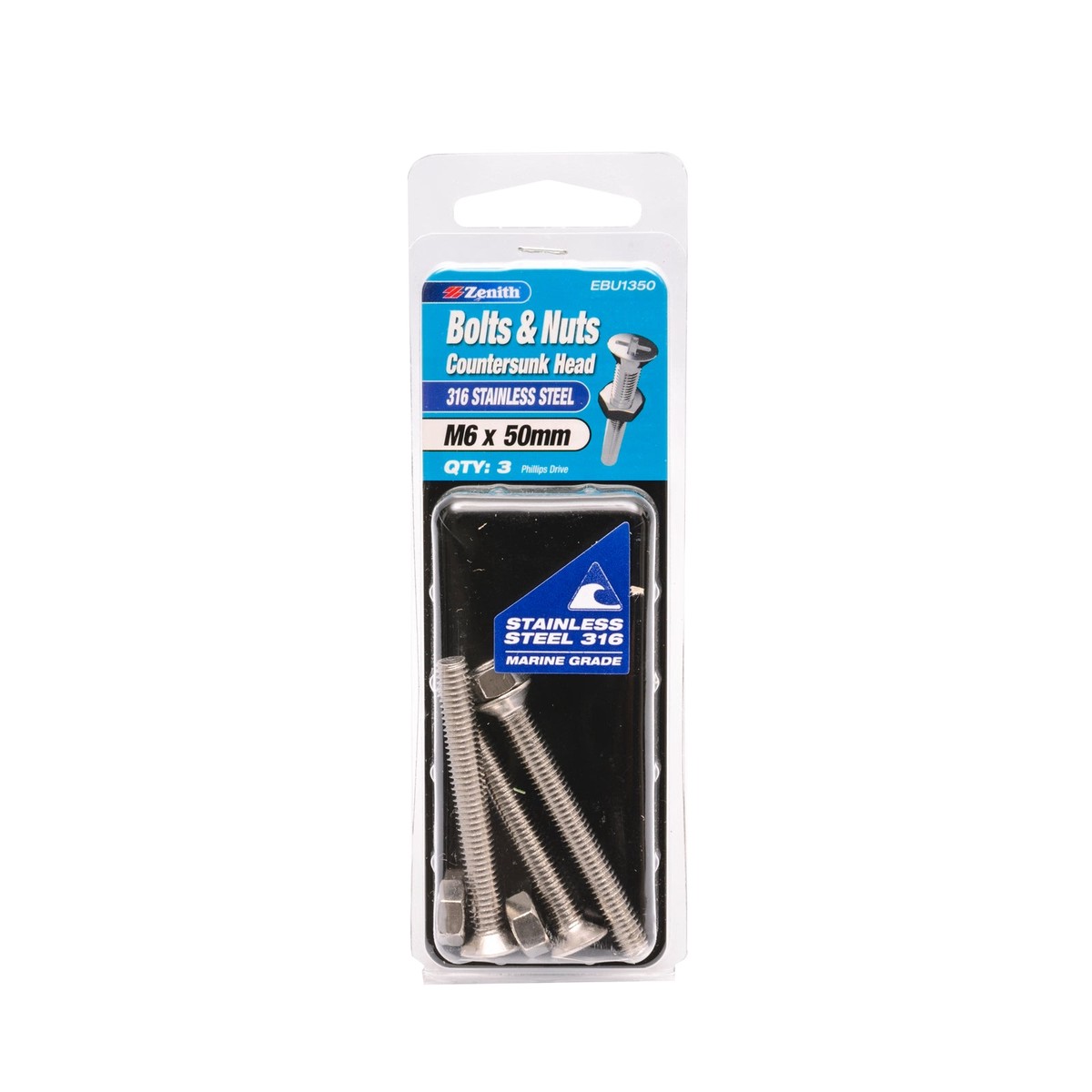 Zenith M6 x 50mm 316 Stainless Steel Countersunk Bolt and Nut - 3 Pack