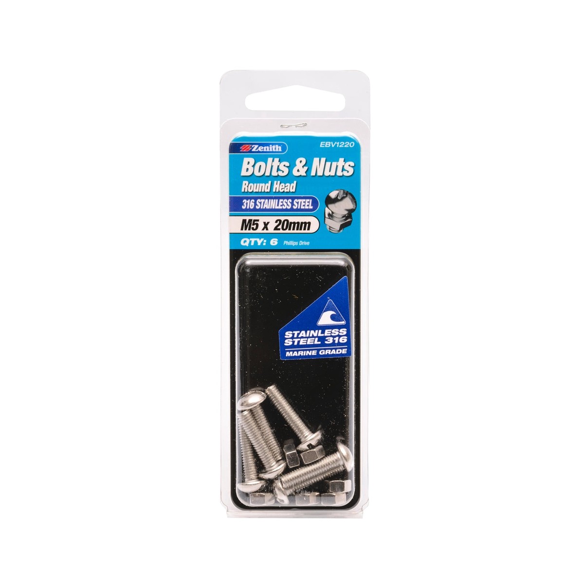 Zenith M5 x 20mm 316 Stainless Steel Round Head Bolt and Nut 6 Pack
