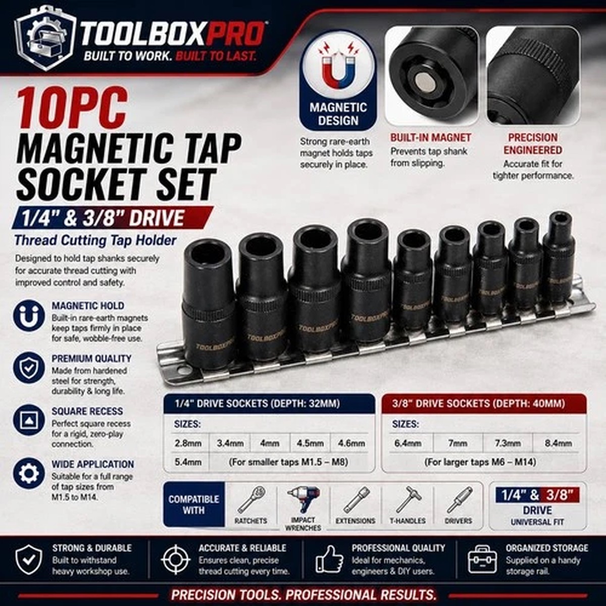 10pc Magnetic Tap Socket Set 1/4" & 3/8" Drive Thread Cutting Tap Holder