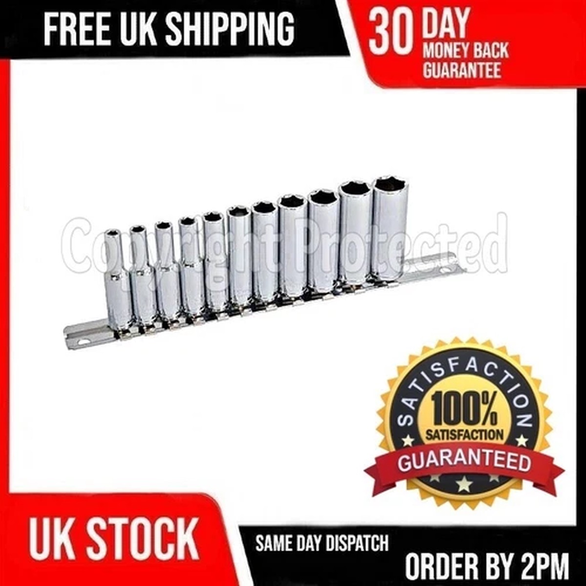 11PC 1/4 INCH DEEP DRIVE SOCKET SET ON RAIL HOLDER RATCHET 4-13MM LONG REACH
