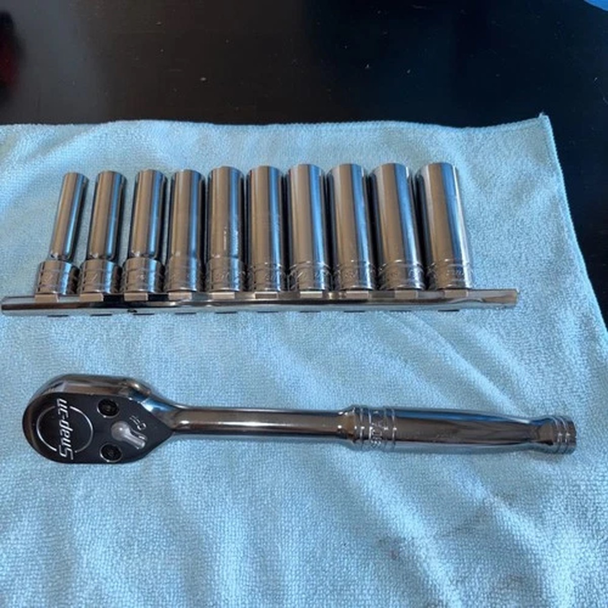 10 Pc 1/2 Drive 6 Point Deep Chrome Socket Set Snap On metric & S80A Ratchet