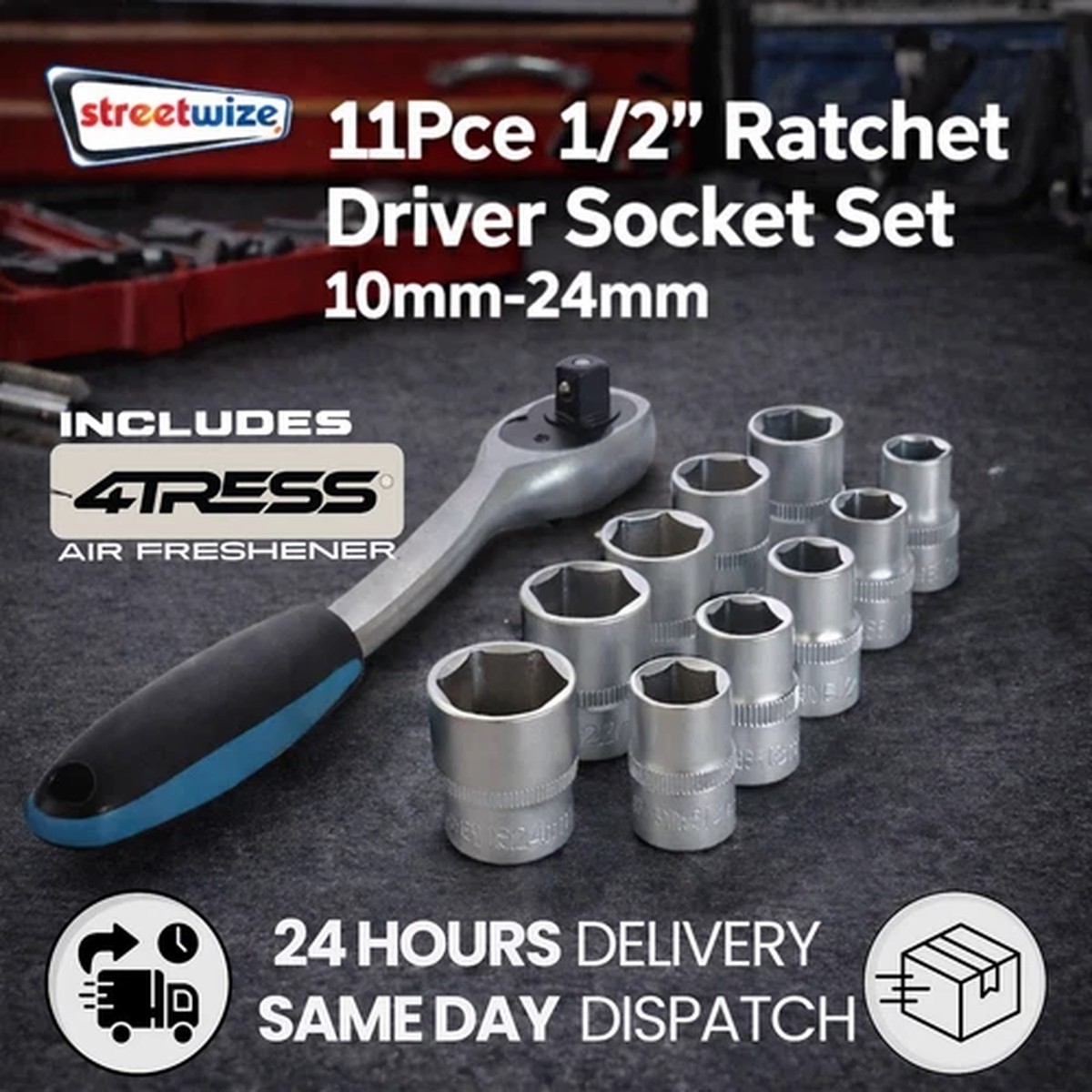 11PCS 1/2" Drive Ratchet & Socket Set 1024mm CRV Chrome Vanadium TOOL27+Airfres