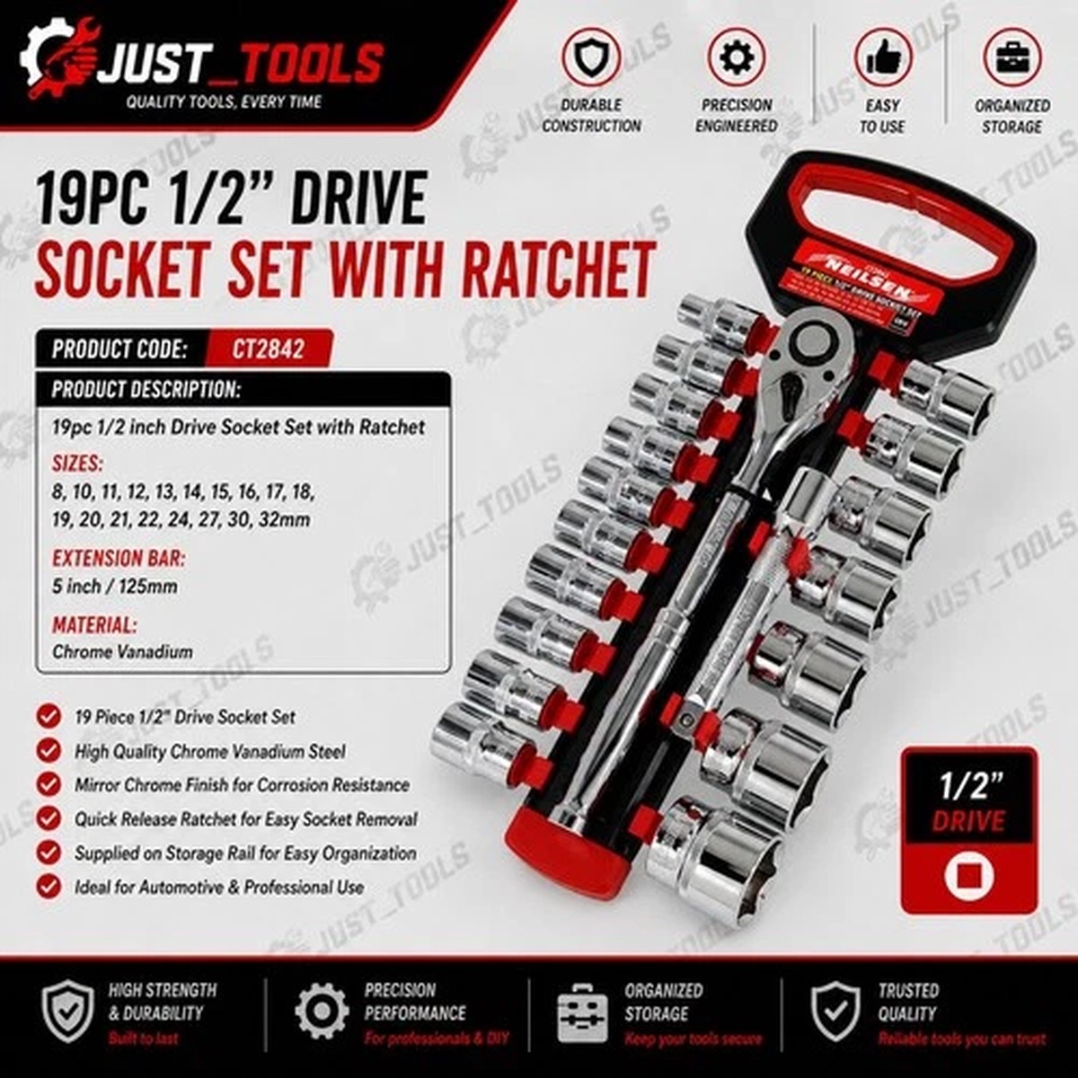 1/2" DRIVE RATCHET SOCKET SET by NEILSEN 8 to 32mm 6pt Sockets 5" Extension Bar