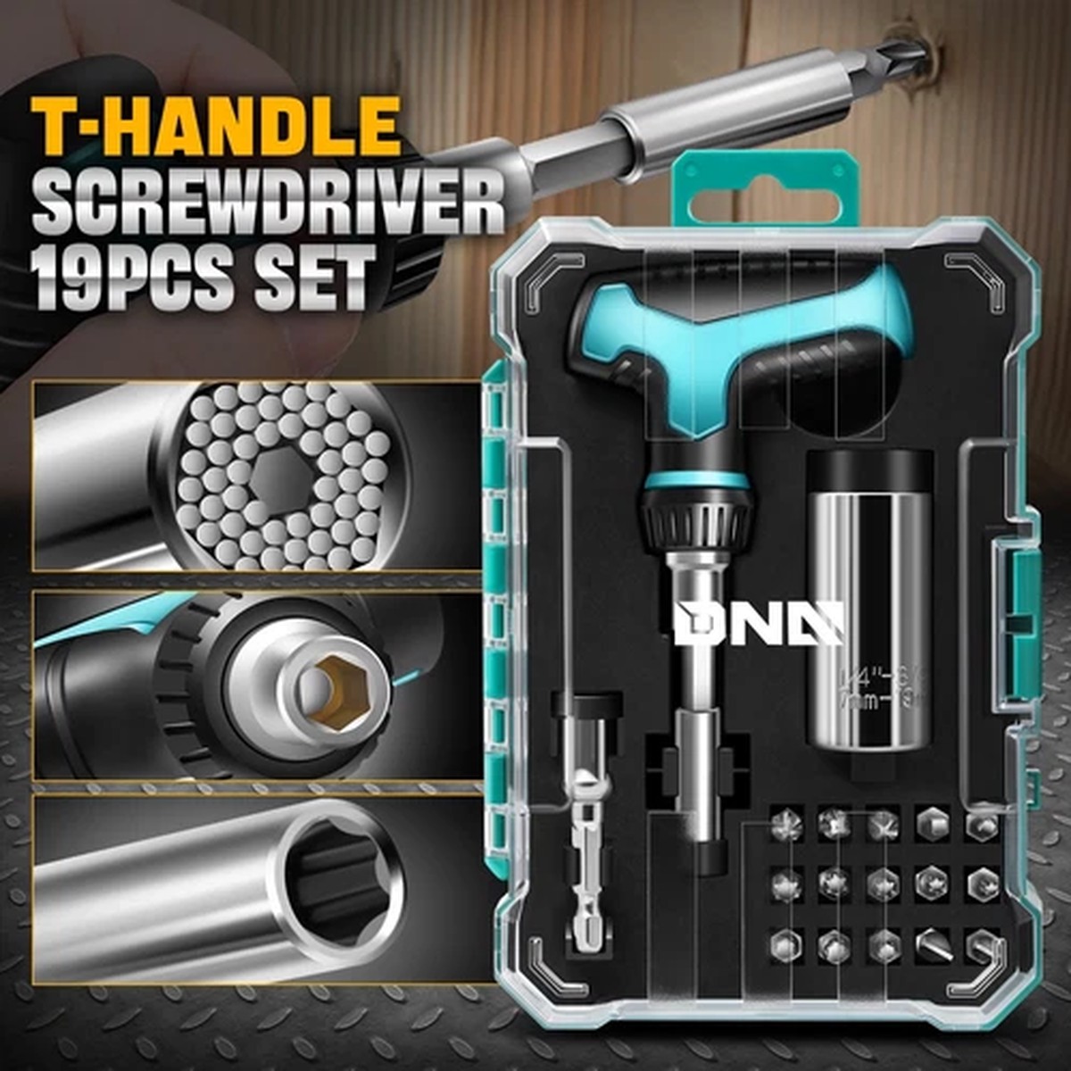[19Pcs] Ratcheting T-Handle Screwdriver Set w/ 15Pcs CRV Bits & Storage Case
