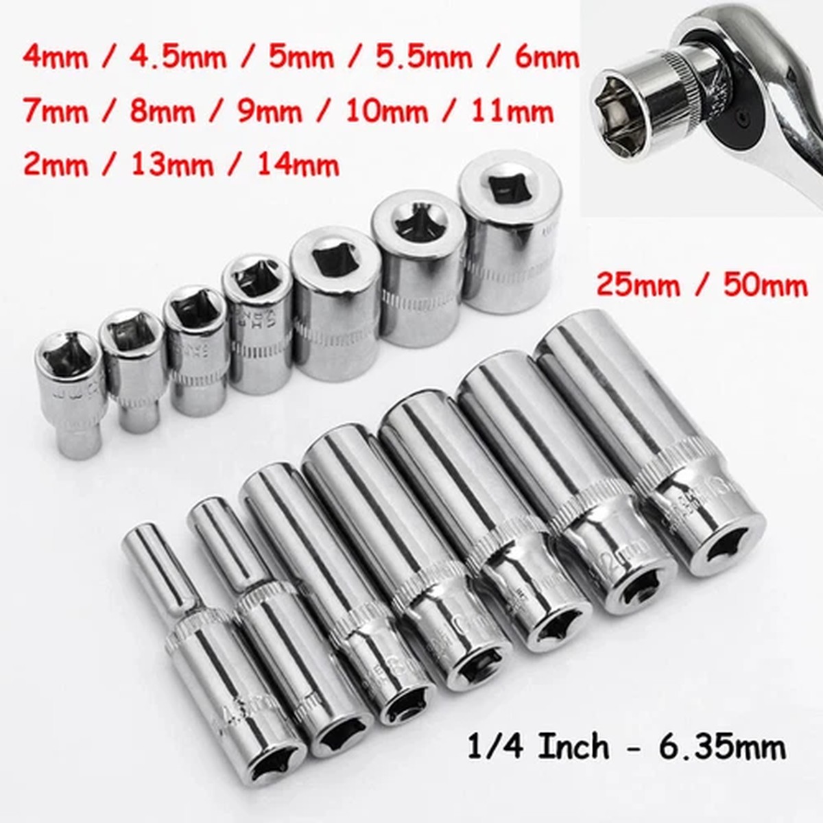 1-50Pcs 4mm to 14mm Hexagonal Nut 1/4 Inch Socket Nut Long Nut Ratchet 25mm/50mm
