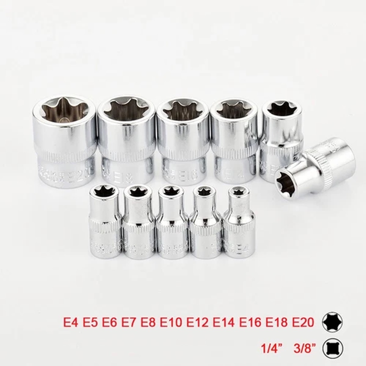 11-Piece Female Torx Star Socket Set External E Type E4-E20 3/8 1/4 Drive Rail