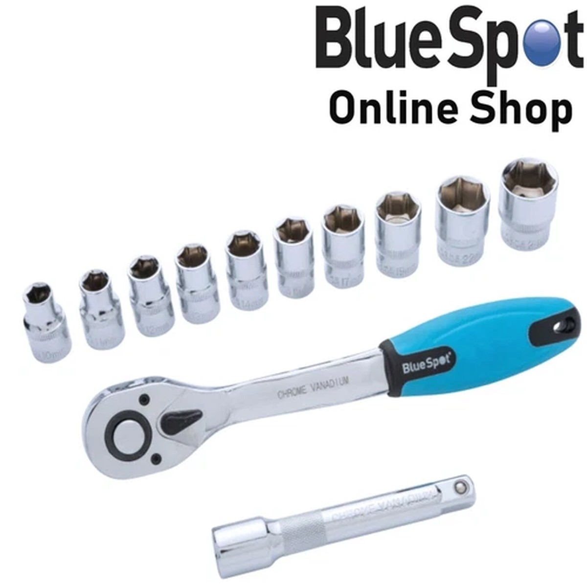 12 PIECE 1/2" SQUARE DRIVE SOCKET SET, RATCHET & EXTENSION BAR, BLUE SPOT 01500