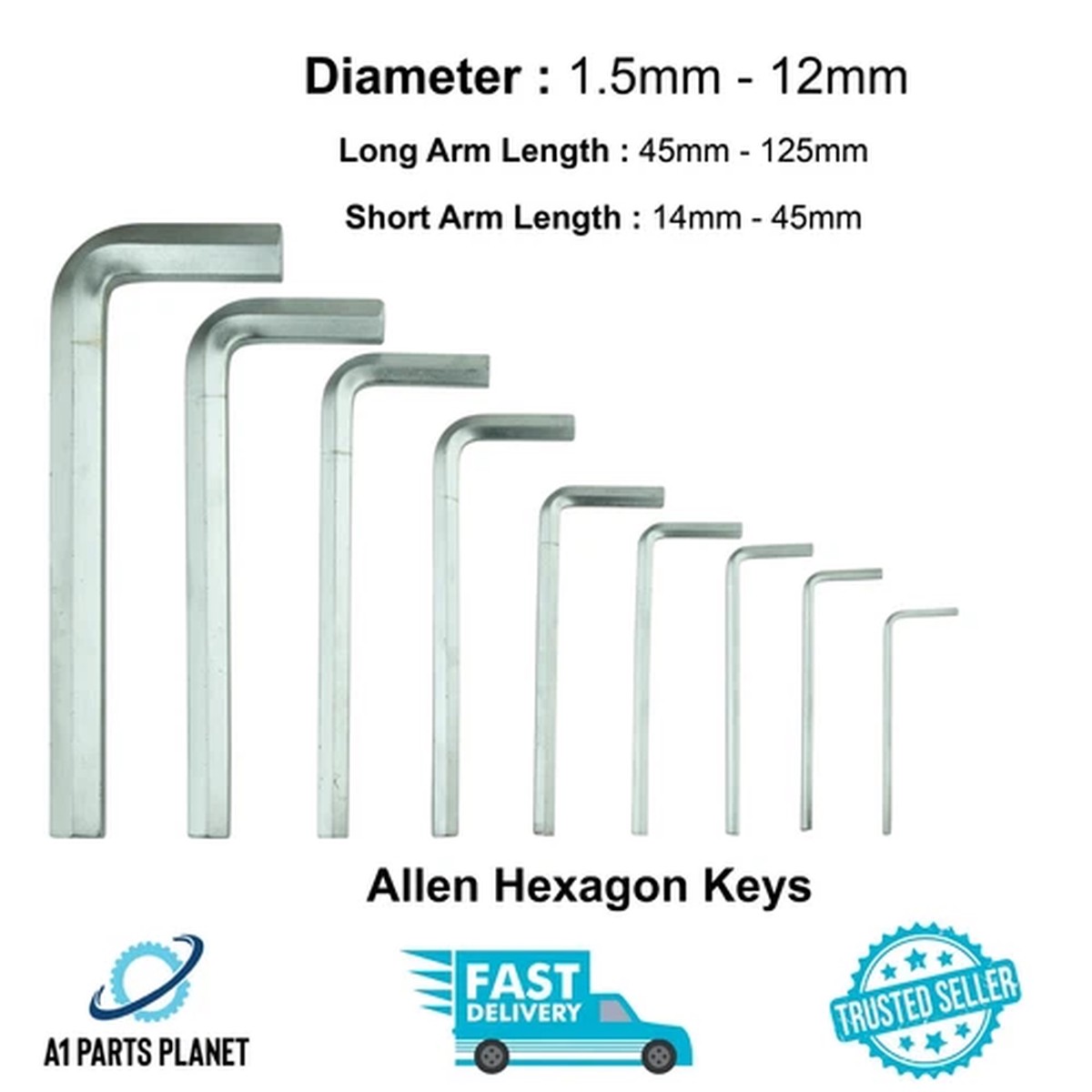 1.5mm to 12mm Metric Allen Key Set Short Arm Hexagon L-Shaped Hex Wrenches