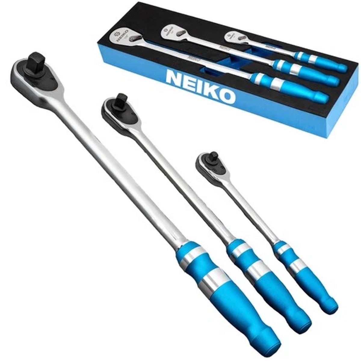 03006A Flat Head Ratchet Set - 3 Piece Low Profile 1/4, 3/8, 1/2 Inch Drive, ...