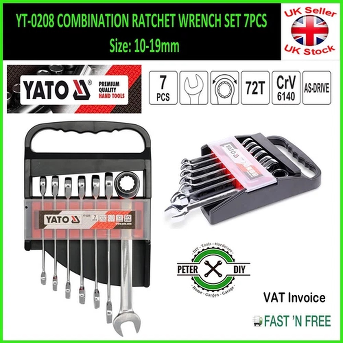 (Set of 7) COMBINATION RATCHET WRENCH Size: 10/12/13/14/15/17/19mm Yato YT-0208