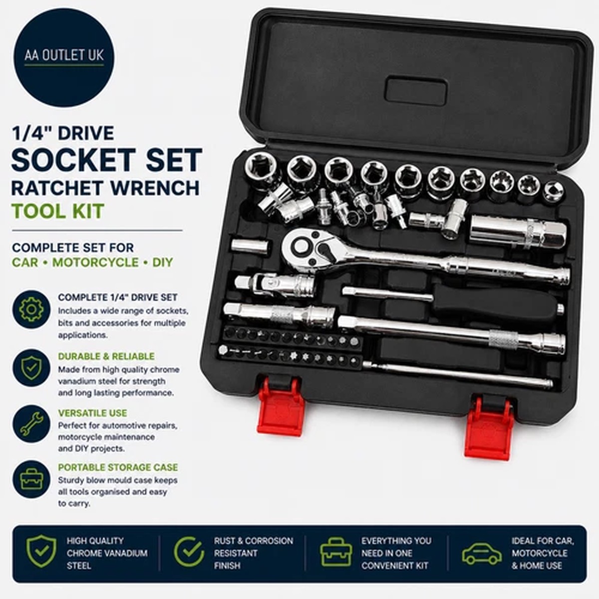 1/4in Drive Socket Set Ratchet Wrench Tool Kit Car Motorcycle DIY